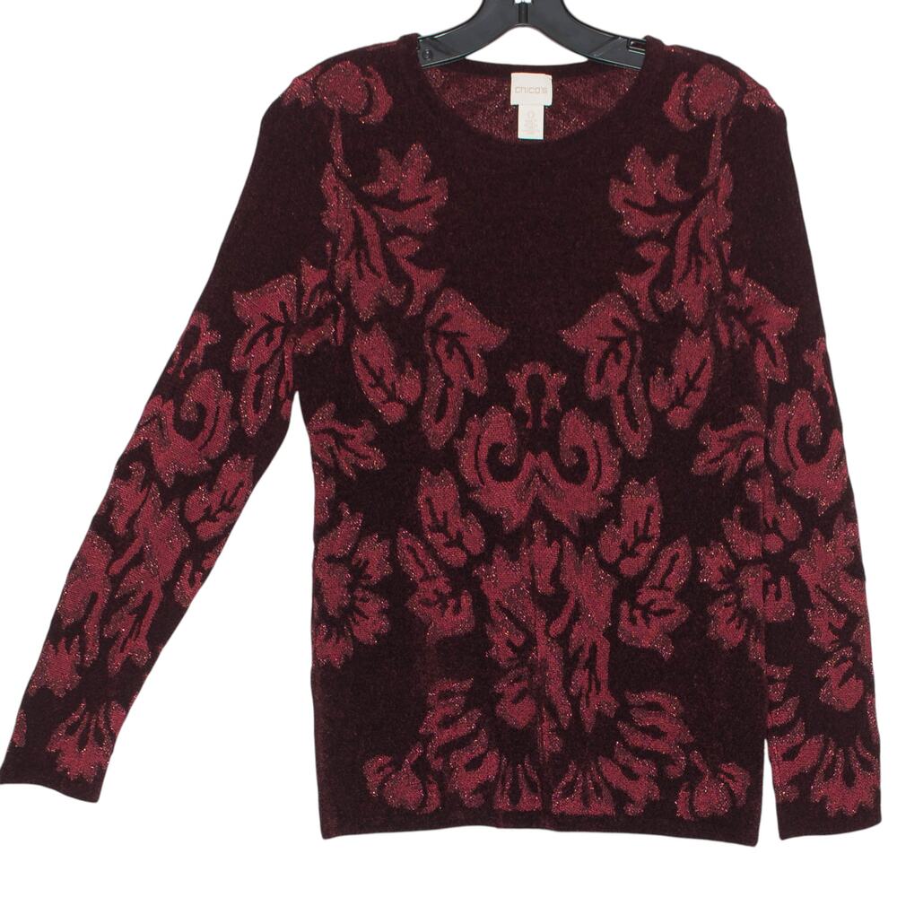 Chicos Sweater Brocade Pullover Romantic Goth Fuzzy Metallic Burgundy 0 Small 4